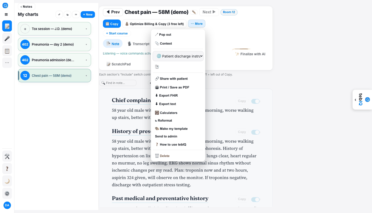 The ⋯ More menu open on a note, showing print, share, export and document options