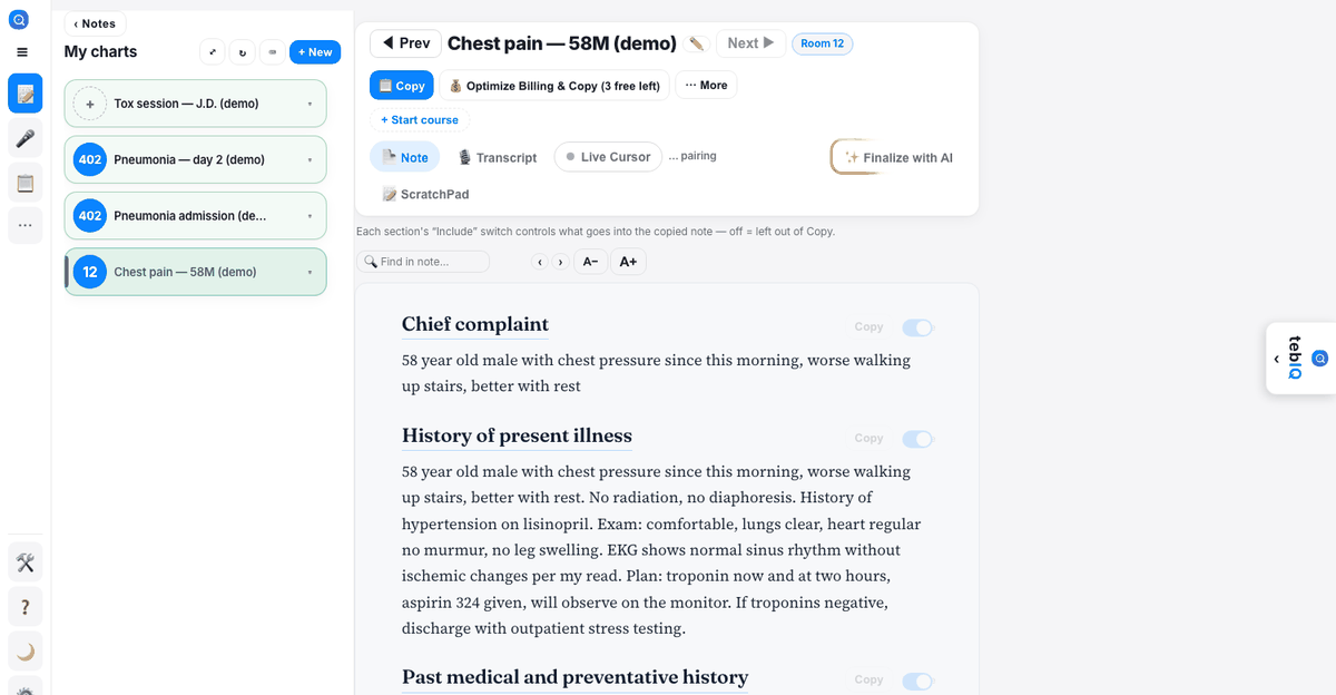 tebIQ main page: note list on the left, open note in the middle, clinical panel on the right