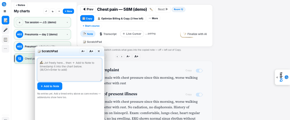 The yellow ScratchPad open beside a note with timestamped entries