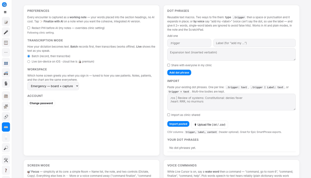 The settings page with specialty and note type preferences
