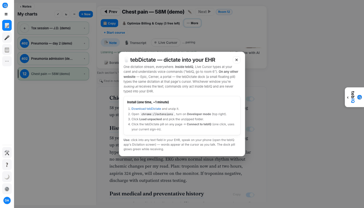 The tebDictate install dialog inside tebIQ